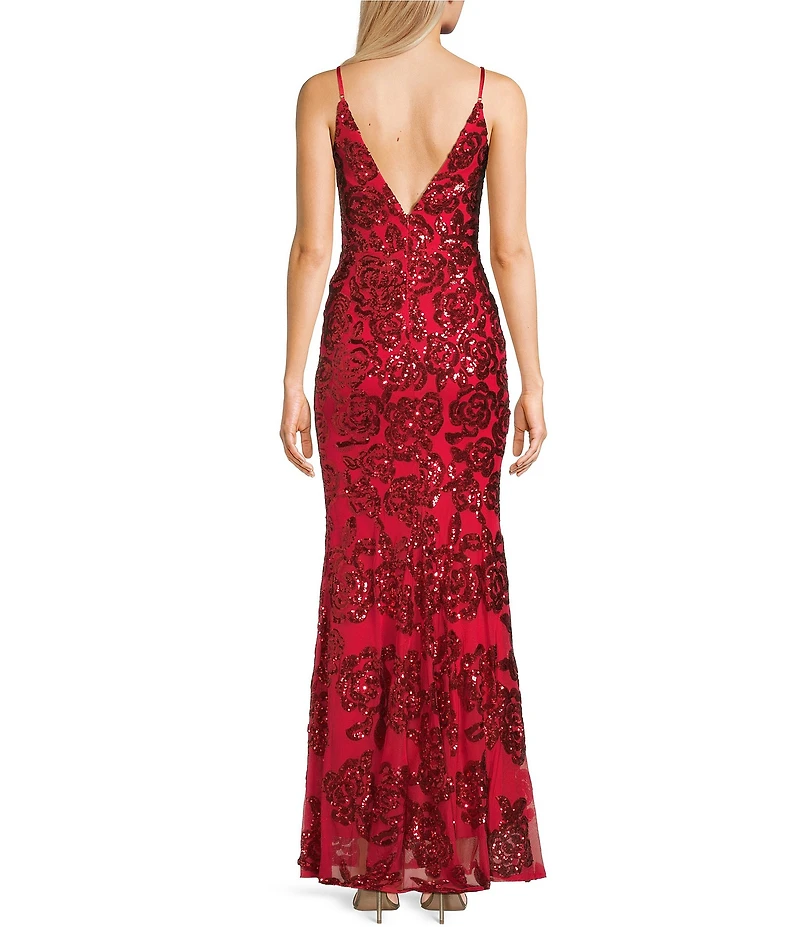 Blondie Nites Sequin Rose Patterned Notch Front V-Back Ballgown