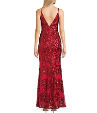 Blondie Nites Sequin Rose Patterned Notch Front V-Back Ballgown