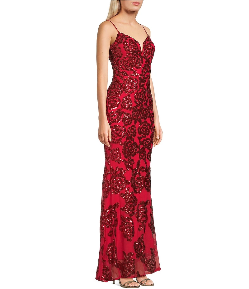 Blondie Nites Sequin Rose Patterned Notch Front V-Back Ballgown