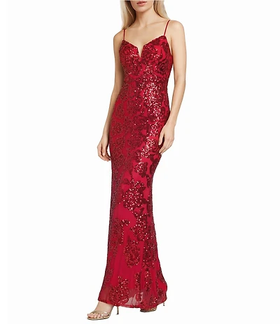 Blondie Nites Sequin Rose Patterned Notch Front V-Back Long Dress