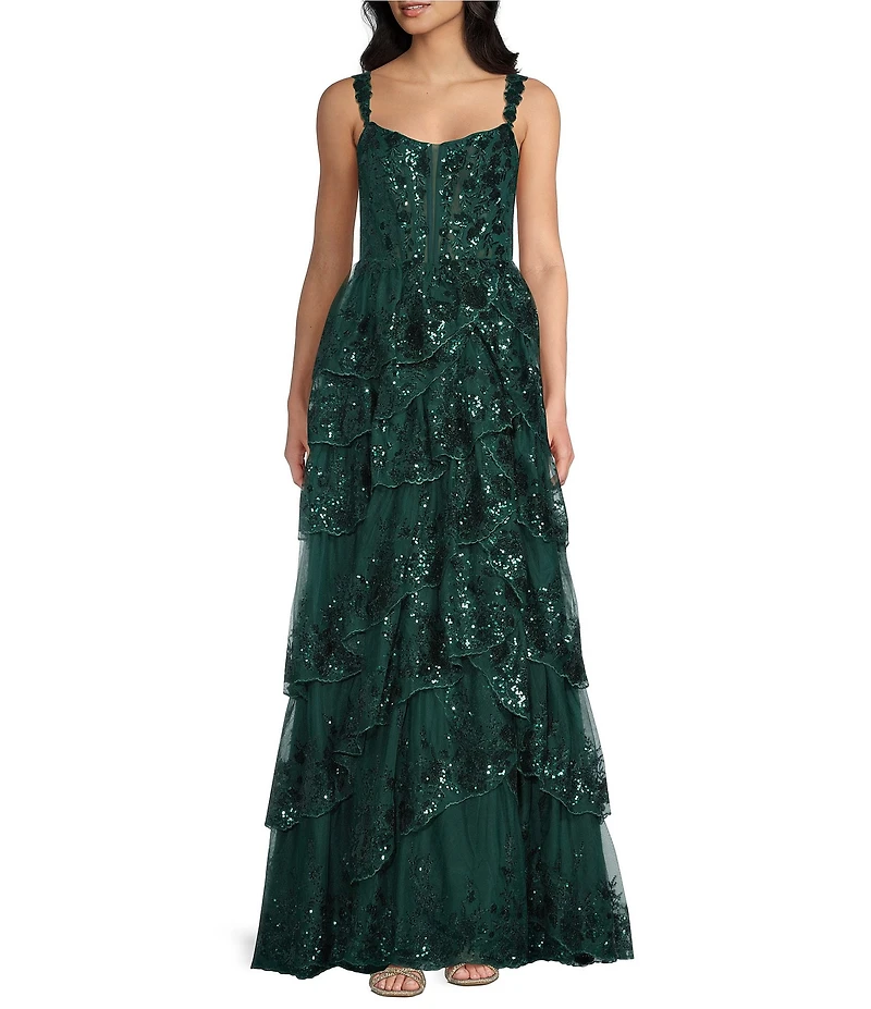 Blondie Nites Sequined Embellished Lace Corseted Bodice Tiered Dress