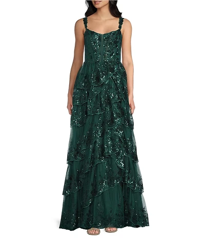 Blondie Nites Sequined Embellished Lace Corseted Bodice Tiered Dress