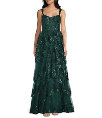 Blondie Nites Sequined Embellished Lace Corseted Bodice Tiered Dress