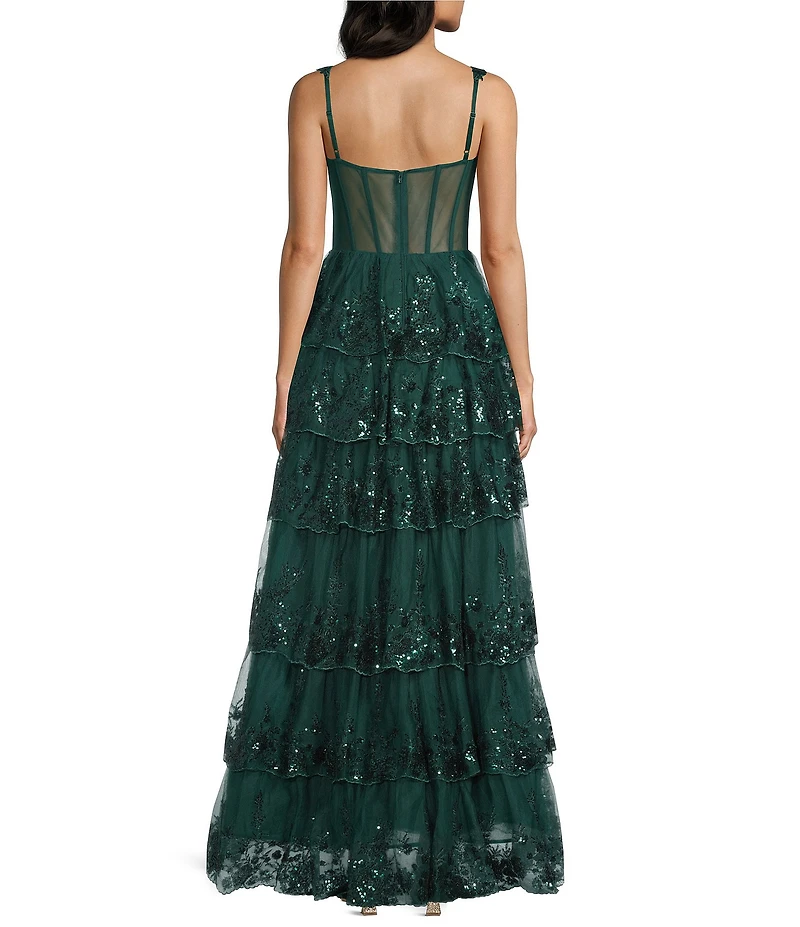 Blondie Nites Sequined Embellished Lace Corseted Bodice Tiered Dress