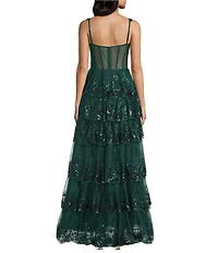 Blondie Nites Sequined Embellished Lace Corseted Bodice Tiered Dress