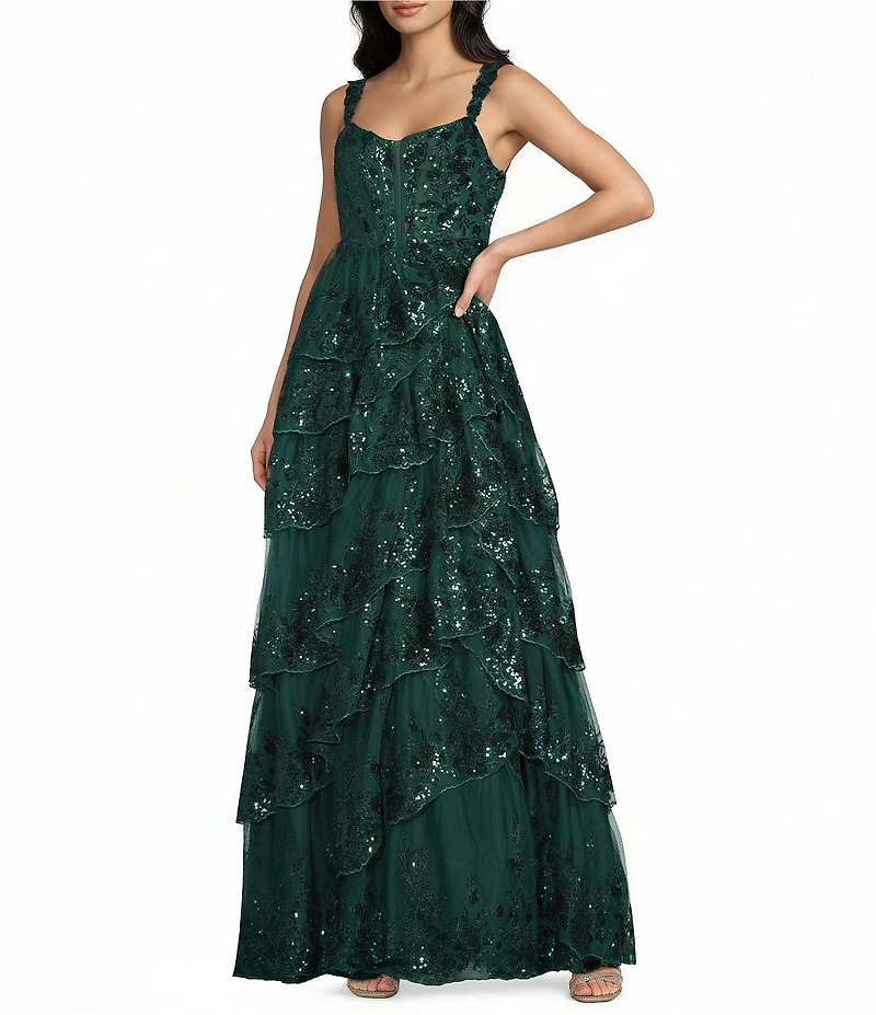 Blondie Nites Sequined Embellished Lace Corseted Bodice Tiered Dress