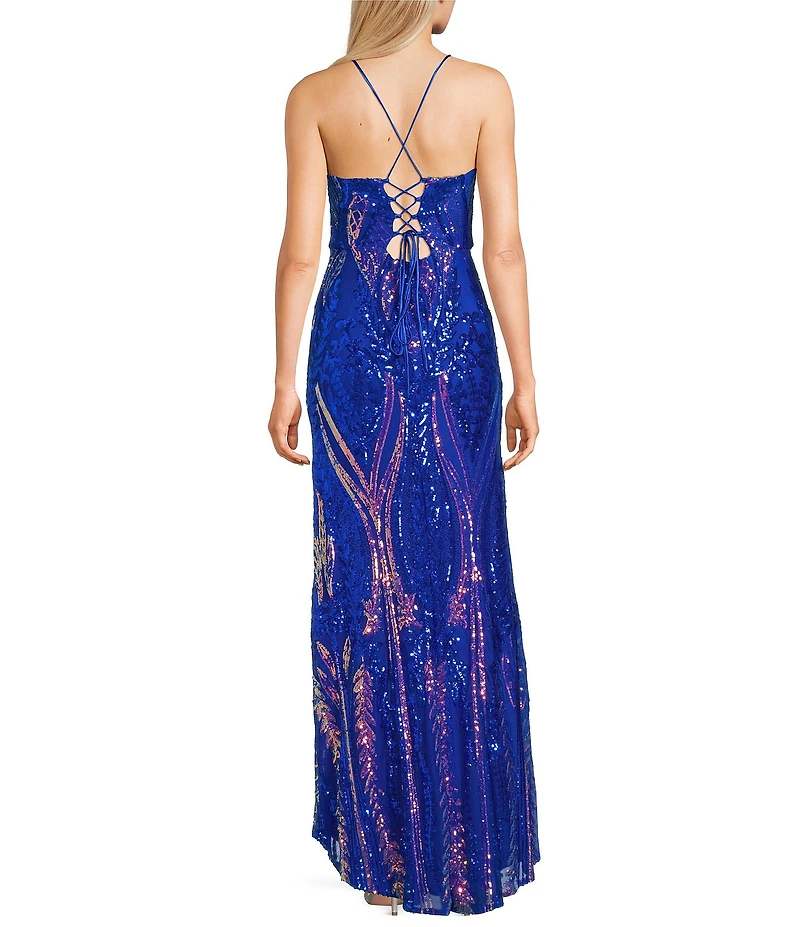 Blondie Nites Sequin Patterned V-Neck Side Slit Ballgown