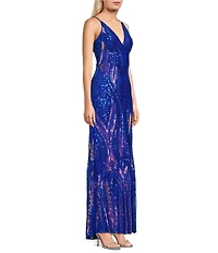 Blondie Nites Sequin Patterned V-Neck Side Slit Ballgown