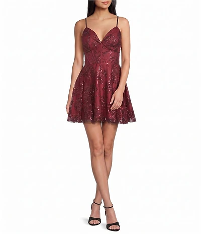 Blondie Nites Sleeveless V-Neck Short Corset Glitter Sequin Pattern Party Dress