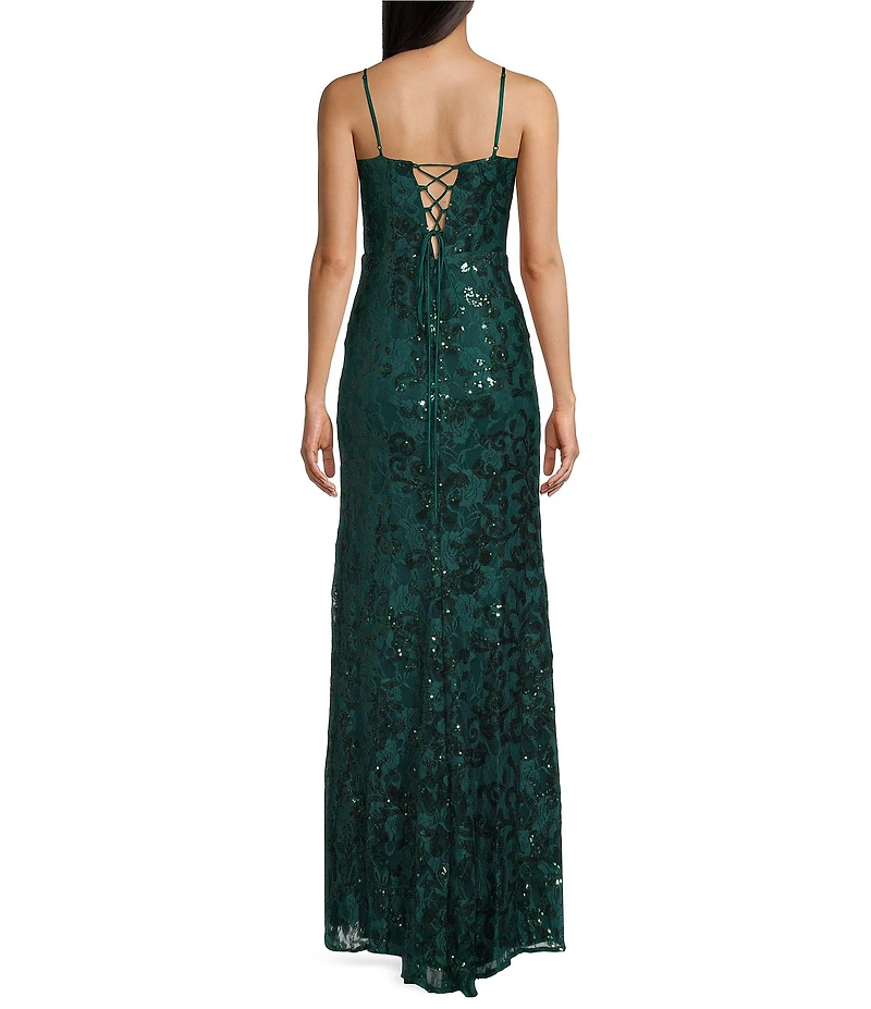 Blondie Nites Spaghetti Strap V-Neck Full Lace Strap Tie Back Dress