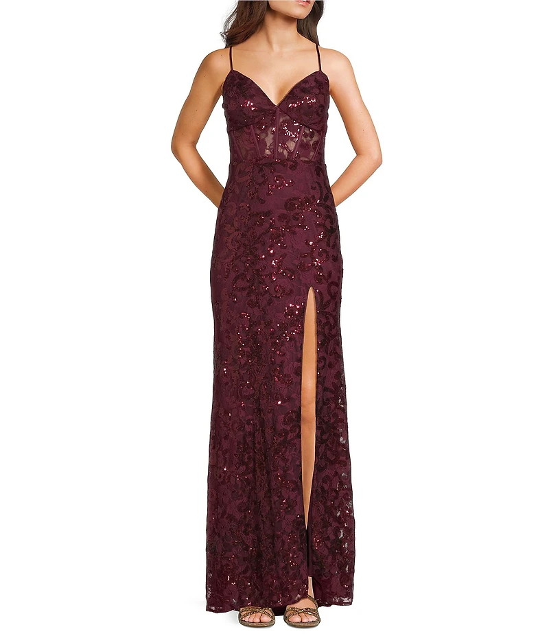 Blondie Nites Spaghetti Strap V-Neck Full Lace Strap Tie Back Dress