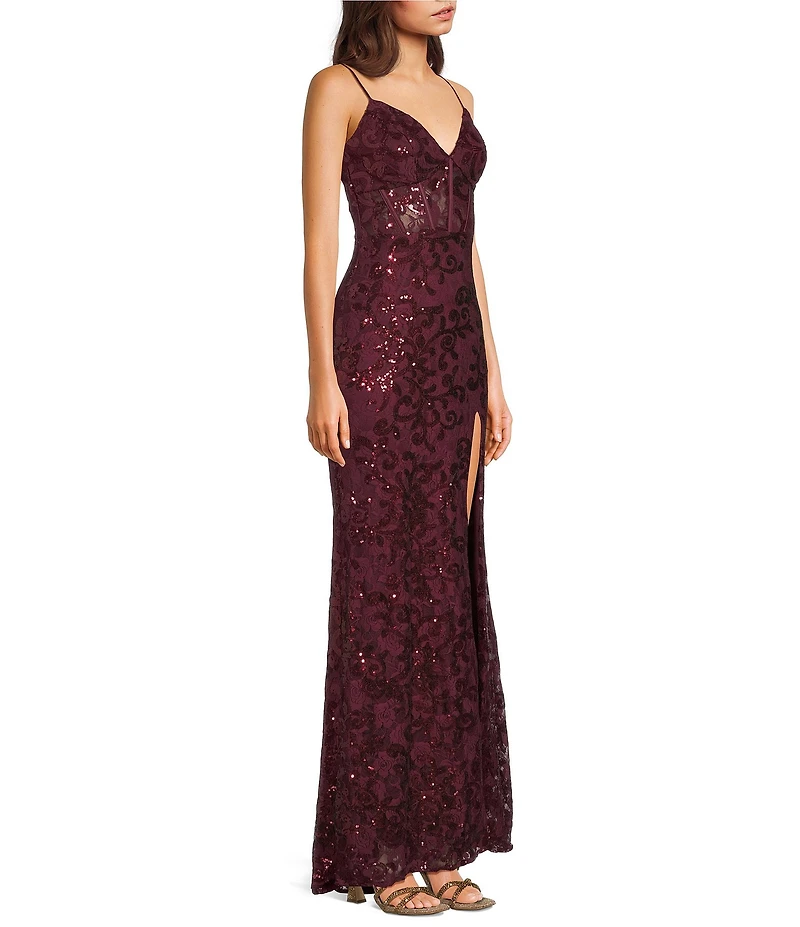 Blondie Nites Spaghetti Strap V-Neck Full Lace Strap Tie Back Dress