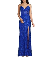 Blondie Nites Spaghetti Strap V-Neck Full Lace Strap Tie Back Dress