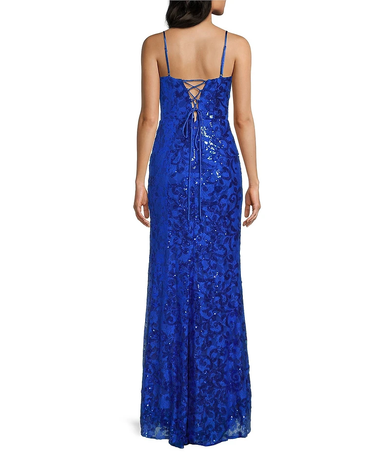 Blondie Nites Spaghetti Strap V-Neck Full Lace Strap Tie Back Dress