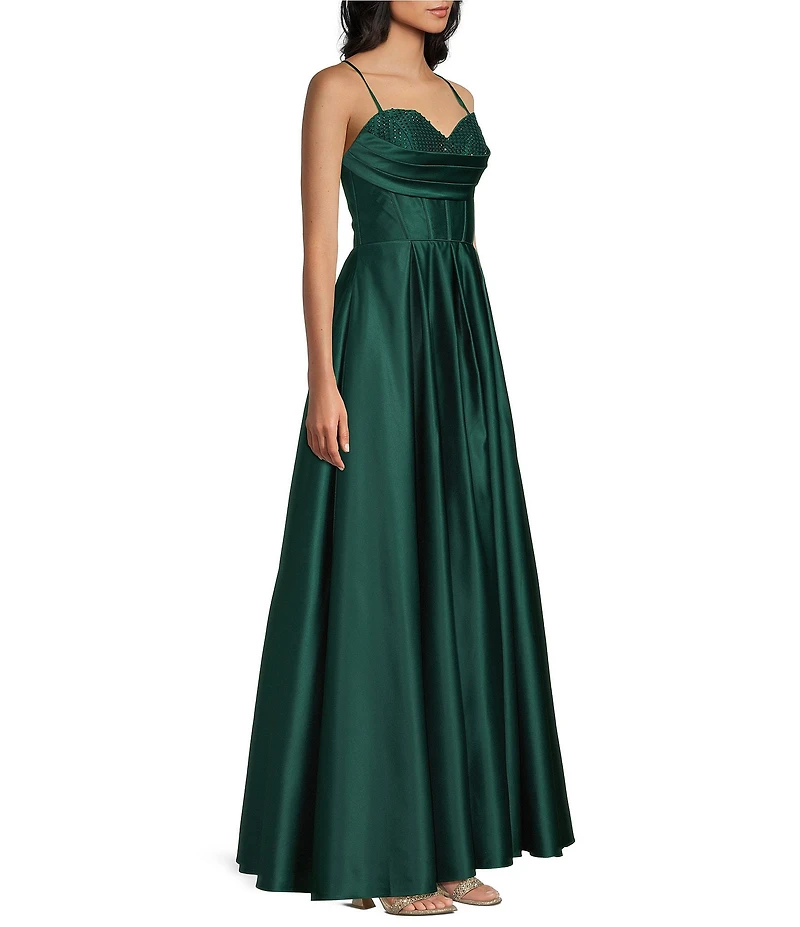 Blondie Nites Stone Sweetheart Drape Neck Tie Back A-Line Ball Gown