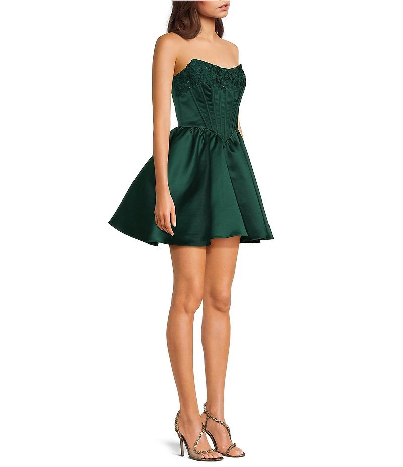 Blondie Nites Strapless Satin Embroidered Beaded Neck Corseted Fit-And-Flare Dress