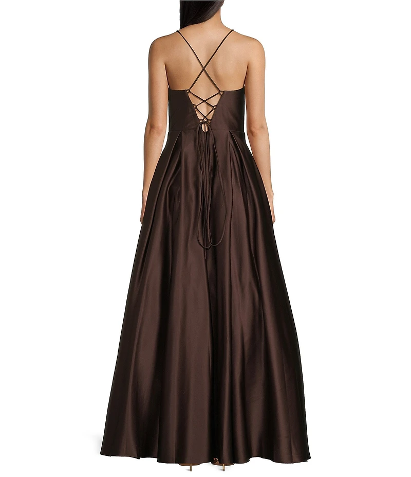 Blondie Nites V-Neck Spaghetti Strap Corset Tie Back Gown