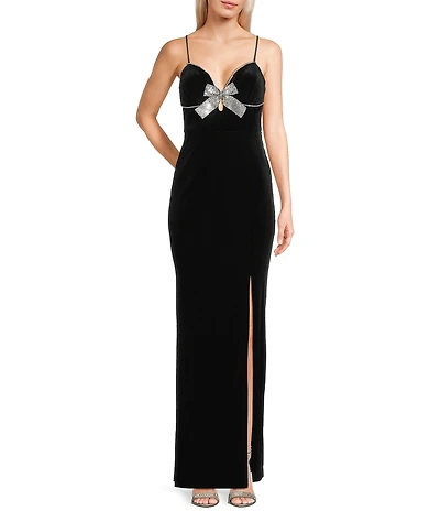 Blondie Nites Velvet Bow Front Spaghetti Strap Gown