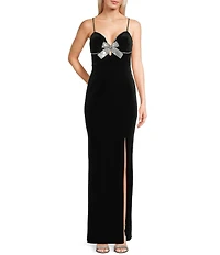 Blondie Nites Velvet Bow Front Spaghetti Strap Gown