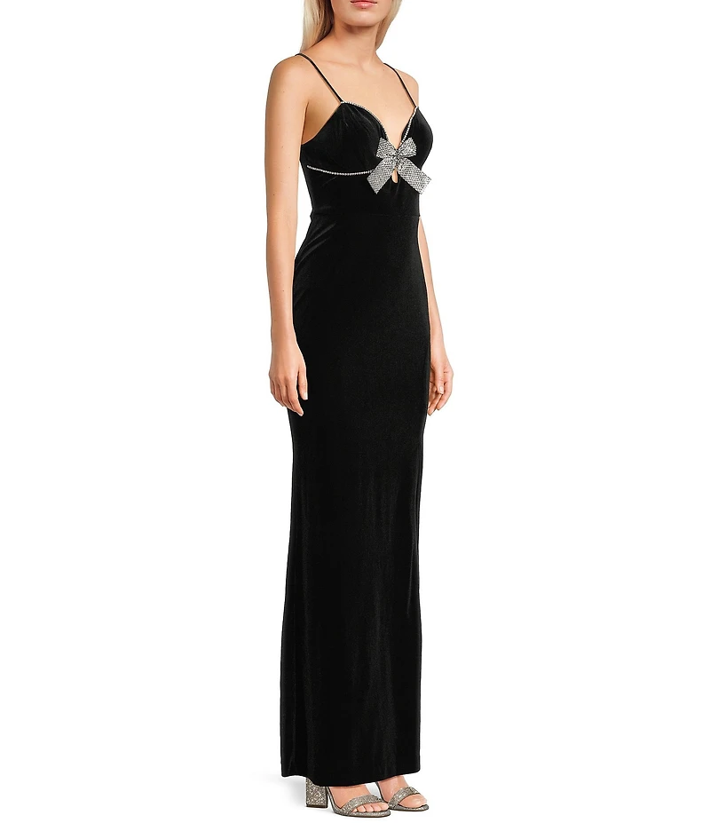 Blondie Nites Velvet Bow Front Spaghetti Strap Gown