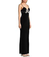 Blondie Nites Velvet Bow Front Spaghetti Strap Gown
