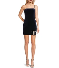 Blondie Nites Velvet Rhinestone Bow Front Slit Dress