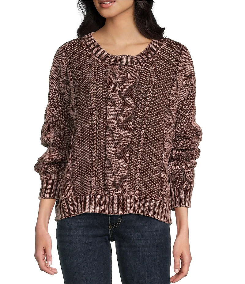 Blu Pepper Acid Wash Cable Knit Round Neck Long Sleeve Sweater