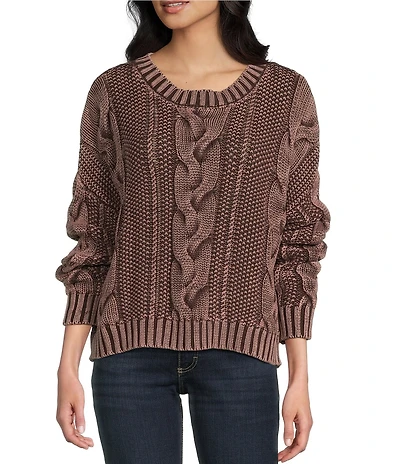 Blu Pepper Acid Wash Cable Knit Round Neck Long Sleeve Sweater