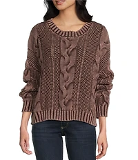 Blu Pepper Acid Wash Cable Knit Round Neck Long Sleeve Sweater