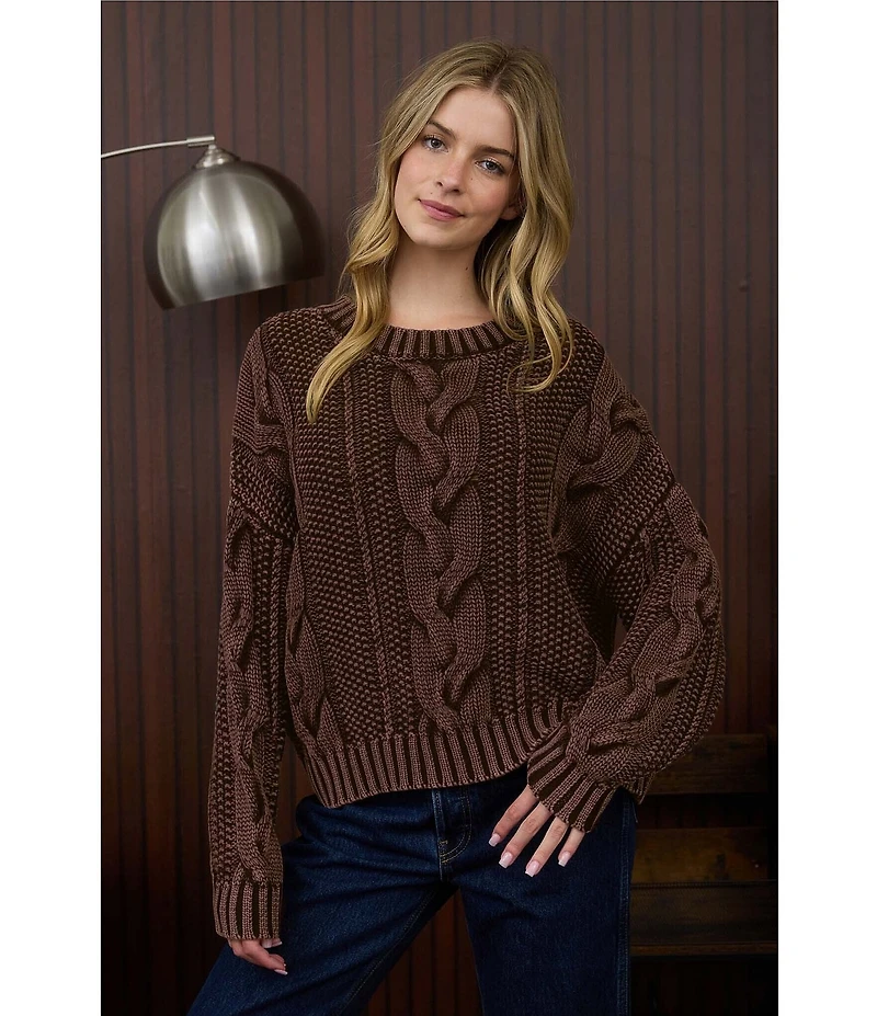 Blu Pepper Acid Wash Cable Knit Round Neck Long Sleeve Sweater