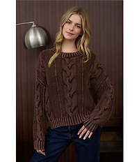 Blu Pepper Acid Wash Cable Knit Round Neck Long Sleeve Sweater