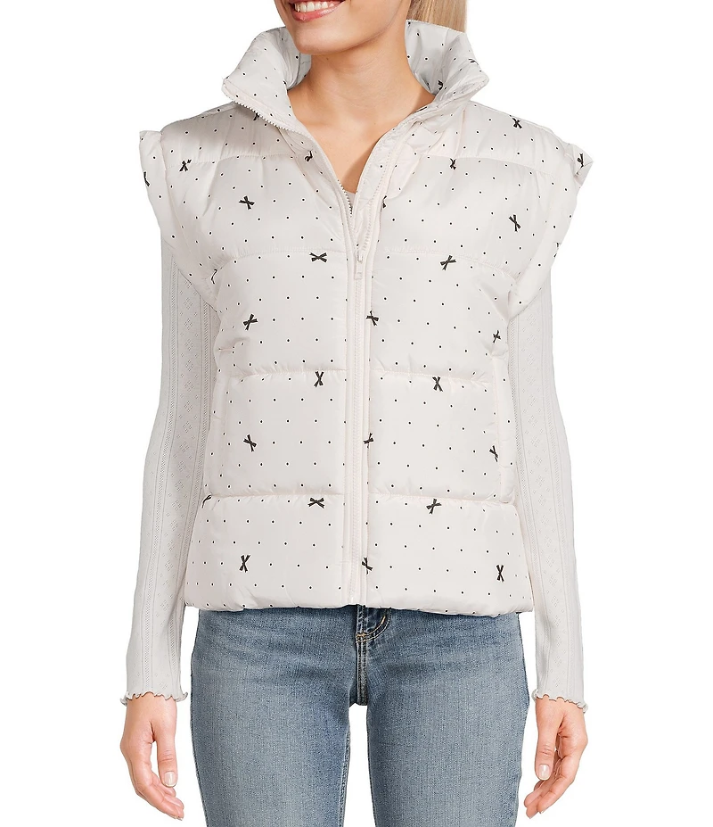 Blu Pepper Bow Dot Print Zip-Up Puffer Vest