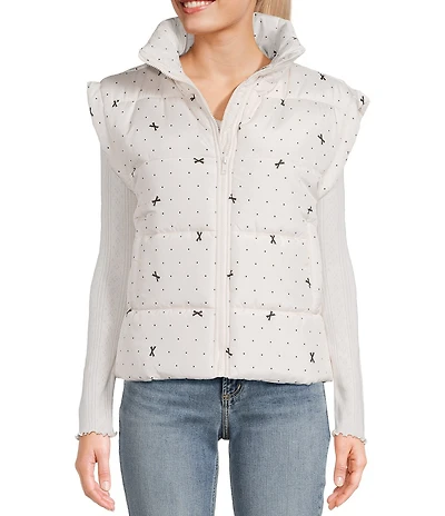 Blu Pepper Bow Dot Print Zip-Up Puffer Vest