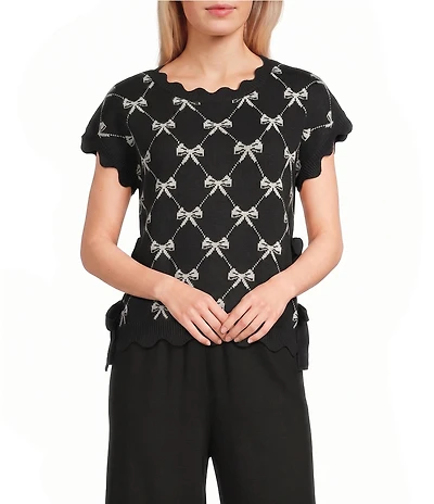 Blu Pepper Bow Pattern Knit Short Sleeve Tie Side Sweater