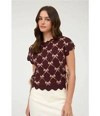 Blu Pepper Bow Pattern Knit Cap Sleeve Tie Side Sweater