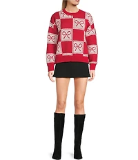 Blu Pepper Bow Print Crew Neck Long Sleeve Sweater