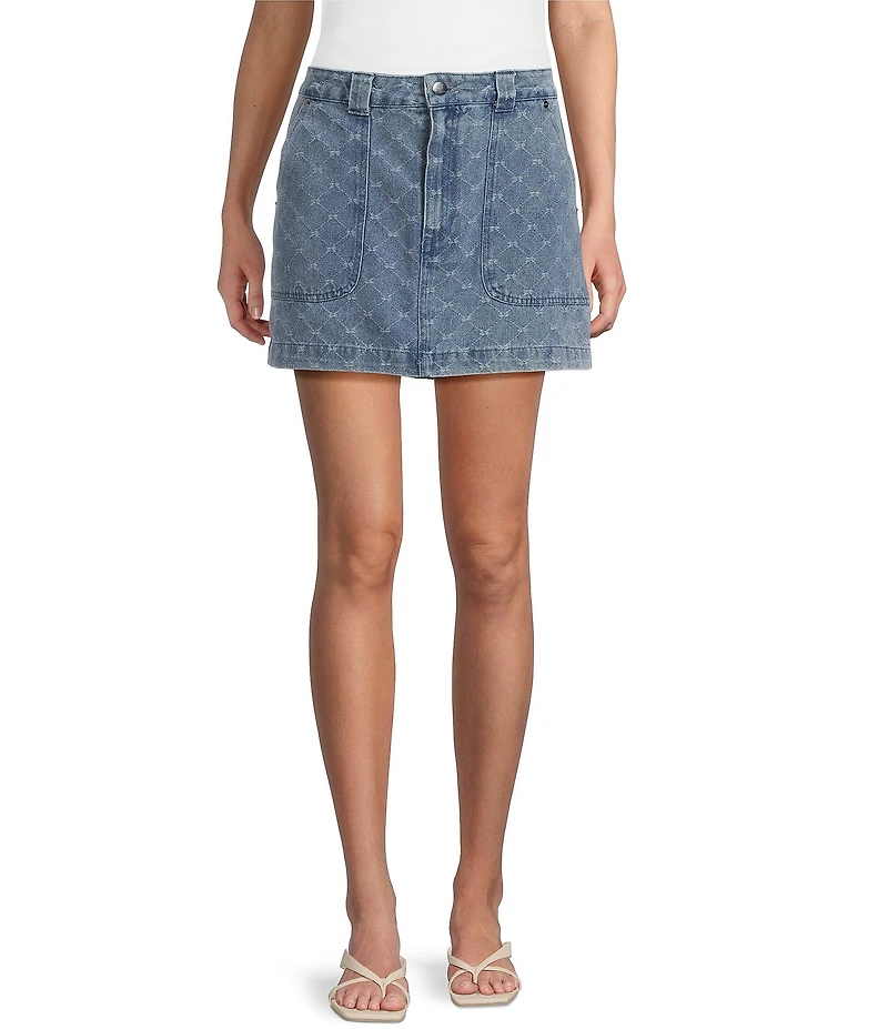 Blu Pepper Bow Printed Mid Rise Denim Mini Skirt
