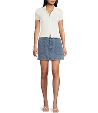 Blu Pepper Bow Printed Mid Rise Denim Mini Skirt