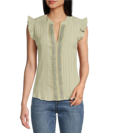 Blu Pepper Cap Sleeve Multicolor Line Lace Trim Crinkle Blouse