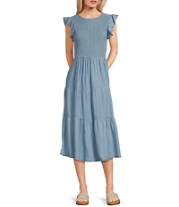 Blu Pepper Chambray Smocked Ruffle Sleeve Tiered Midi Dress
