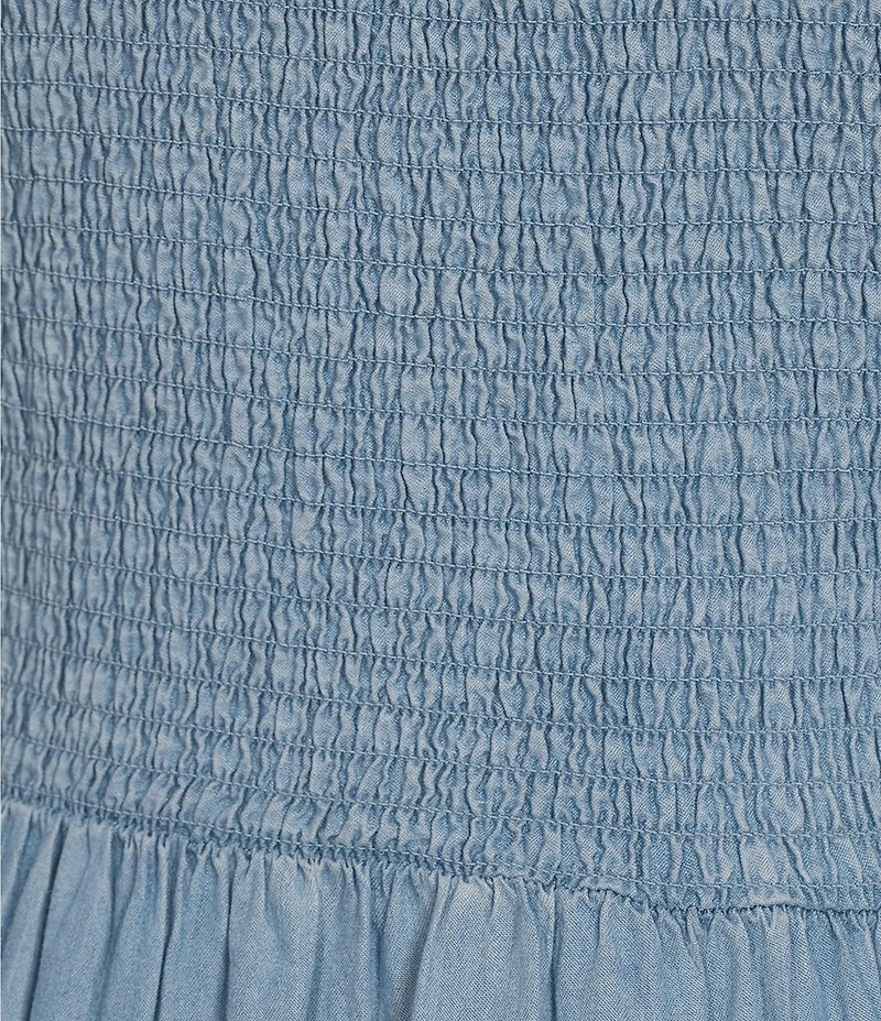 Blu Pepper Chambray Smocked Ruffle Sleeve Tiered Midi Dress