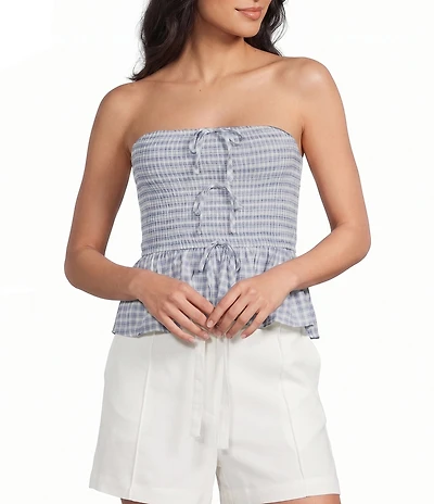 Blu Pepper Check Printed Tie Front Strapless Tube Top