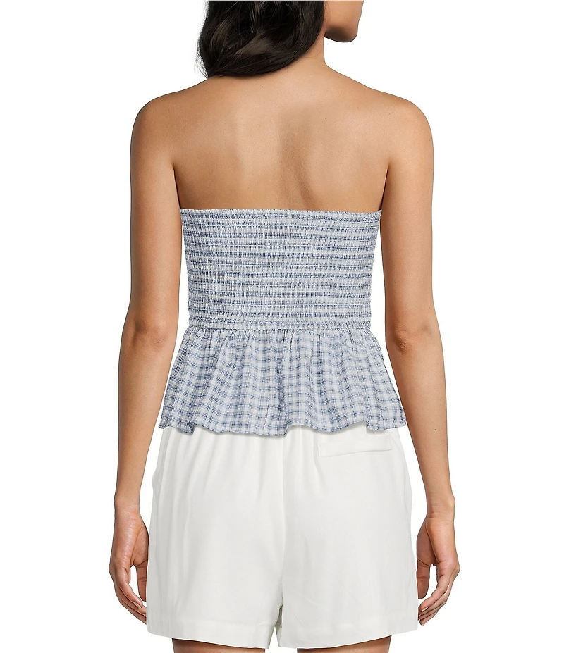 Blu Pepper Check Printed Tie Front Strapless Tube Top