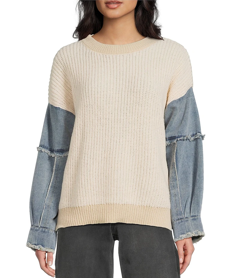 Blu Pepper Contrast Denim Sleeve Crewneck Knit Sweater