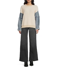 Blu Pepper Contrast Denim Sleeve Crewneck Knit Sweater