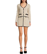 Blu Pepper Contrast Piping Bow Front Rhinestone Coordinating Mini Sweater Skirt