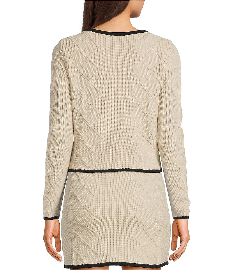 Blu Pepper Contrast Piping V-Neck Rhinestone Bow Front Long Sleeve Coordinating Sweater