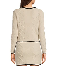 Blu Pepper Contrast Piping V-Neck Rhinestone Bow Front Long Sleeve Coordinating Sweater