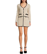 Blu Pepper Contrast Piping V-Neck Rhinestone Bow Front Long Sleeve Coordinating Sweater