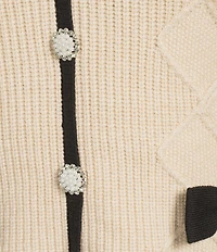 Blu Pepper Contrast Piping V-Neck Rhinestone Bow Front Long Sleeve Coordinating Sweater